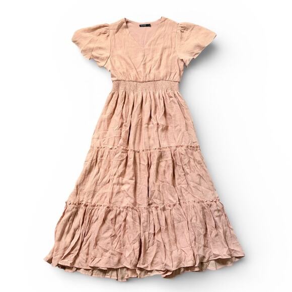 Mikarose Dresses & Skirts - Mikarose Apricot Flutter Sleeve Boho Whimsical Tiered V-Neck Maxi Dress Sz L NWT